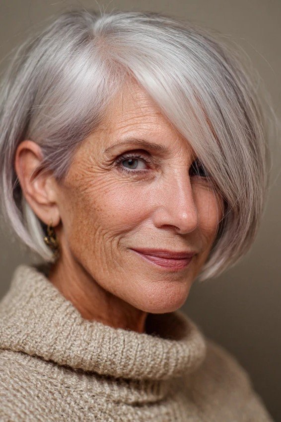 Asymmetric Silver Bob with Side-Swept Bangs