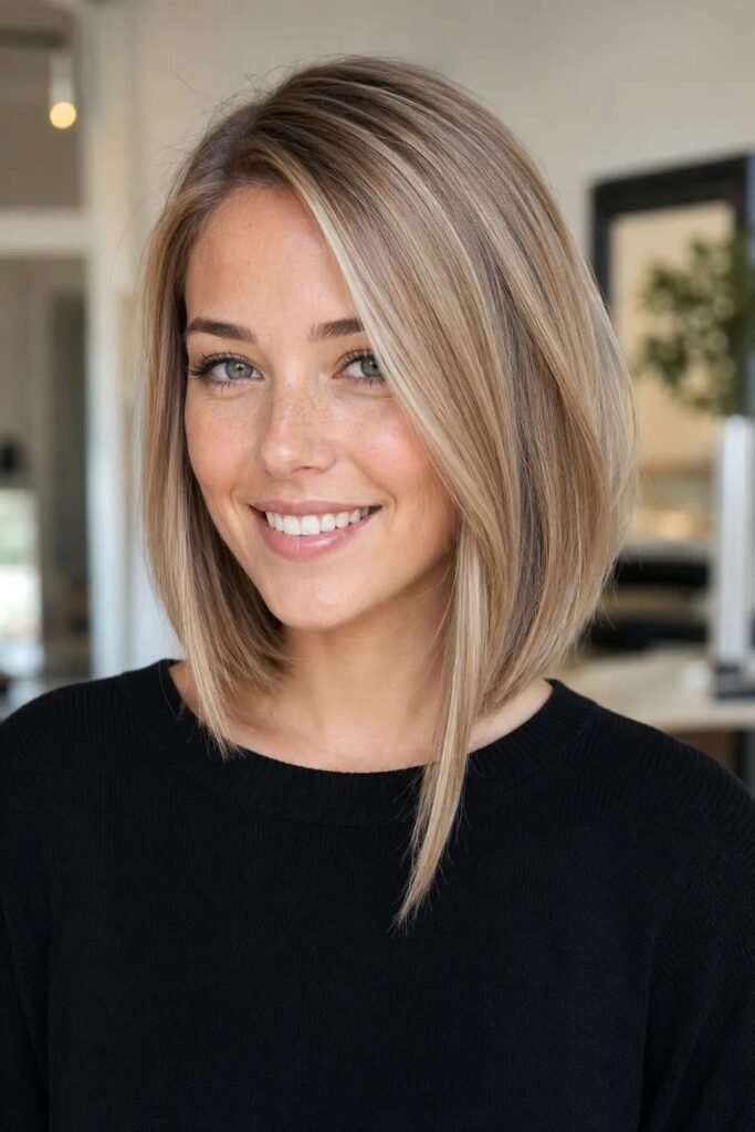 Asymmetrical Angled Lob with Bright Front Strands