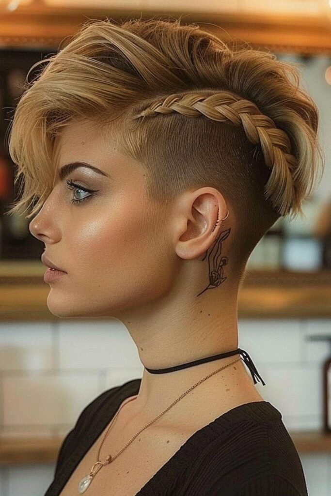 Asymmetrical Blonde Undercut Pixie with Dutch Braid