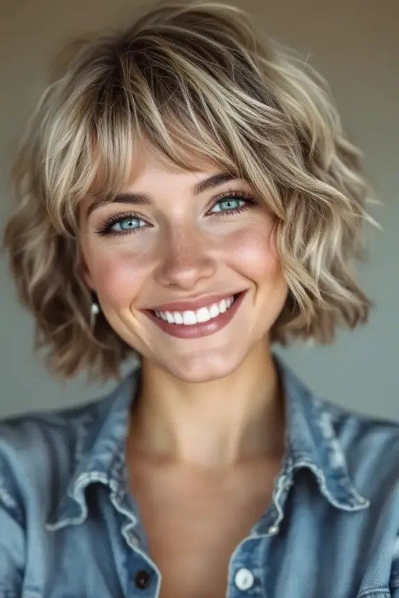 Beachy Blonde Wavy Bob with Soft Bangs