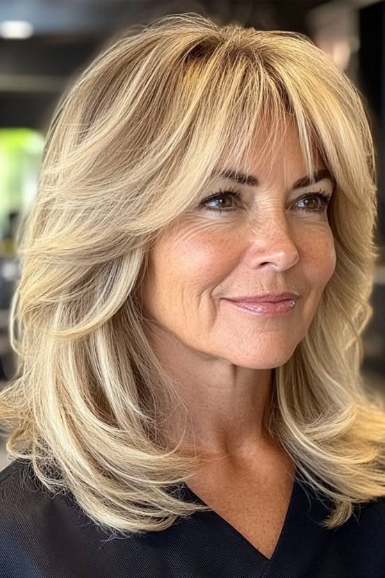 Blonde Layered Lob with Curtain Bangs