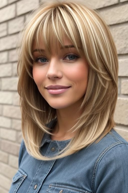 Blonde Medium-Length Layered Cut with Face-Framing Highlights