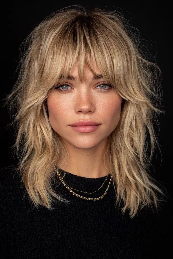 Blonde Shag Cut with Wispy Curtain Bangs