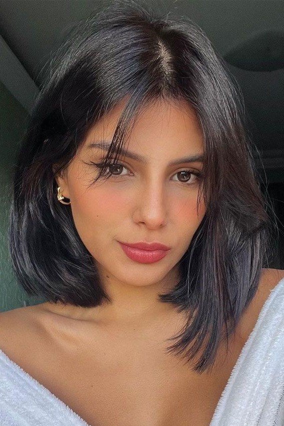 Blunt Cut Lob with Wispy Bangs and Dark Espresso Tone