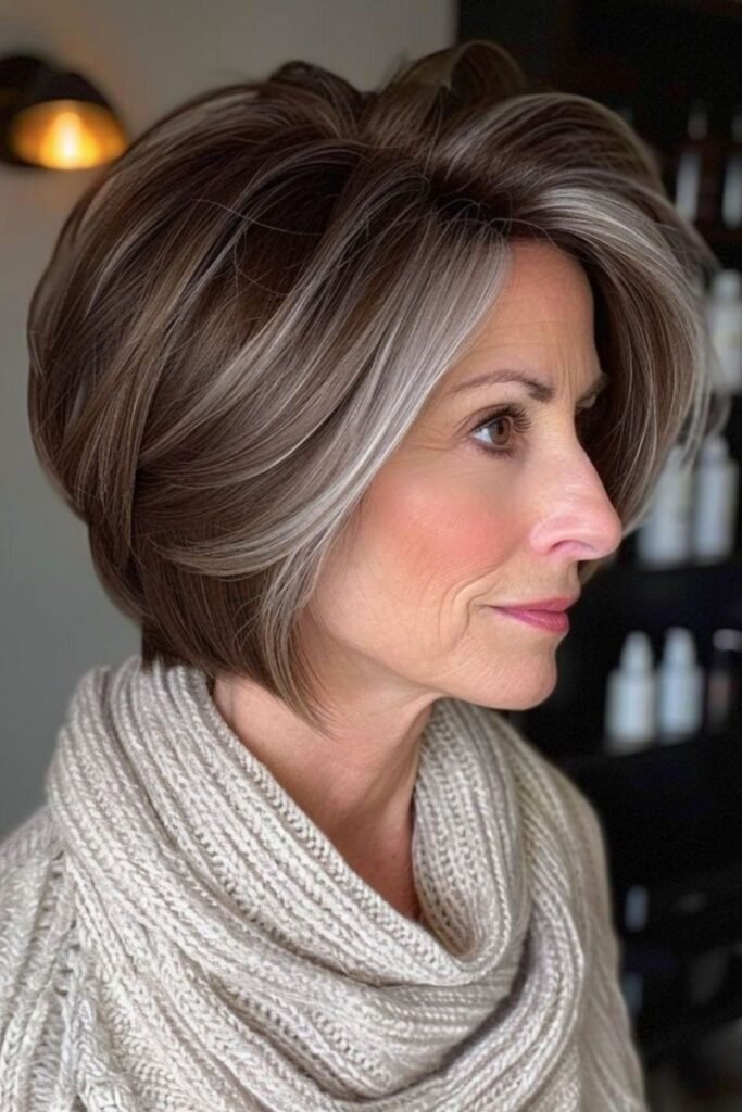 Brunette Bob with Dimensional Silver Highlights
