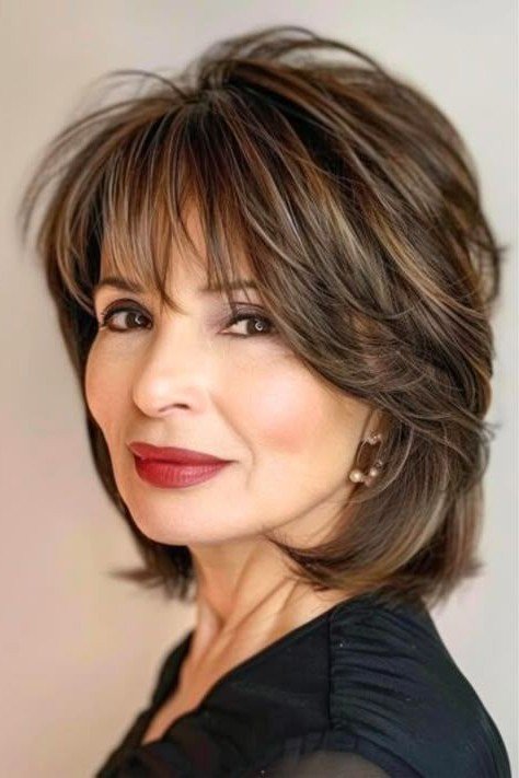 Brunette Layered Bob with Soft Textured Bangs