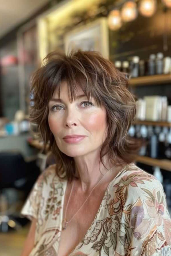 Brunette Shaggy Bob with Wispy Face-Framing Layers