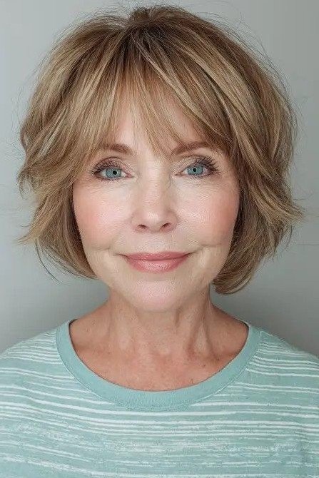 Caramel Brown Soft Layered Bob with Wispy Bangs