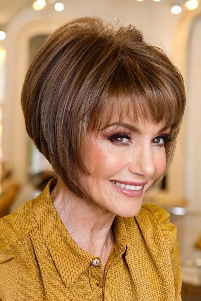 Chic Brown Bob with Soft Rounded Ends and Bangs