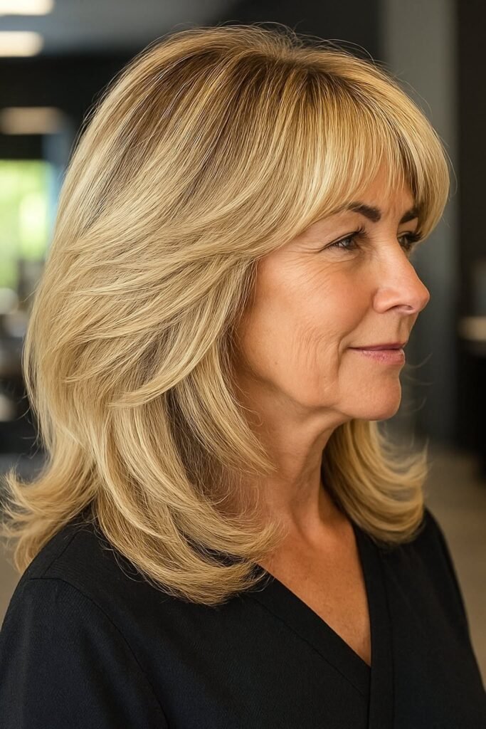 Chic Mid-Length Cut with Feathered Layers and Bangs