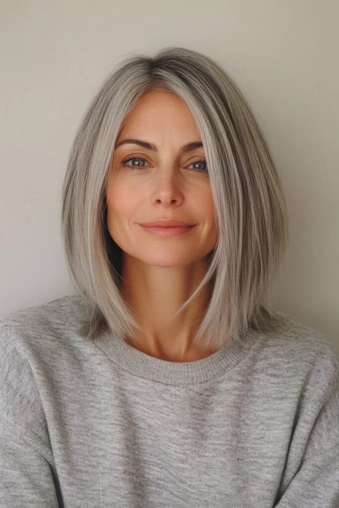 Chic Straight Silver Bob with Middle Part