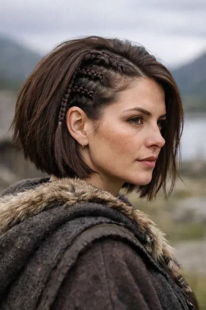 Chin-Length Brunette Bob with Side Cornrows