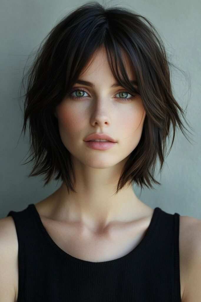 Choppy Brunette Bob with Feathered Curtain Bangs
