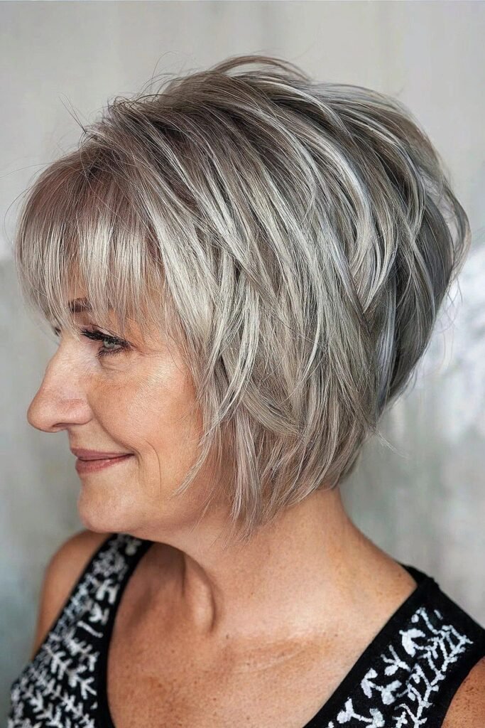 Choppy Layered Grey Bob with Soft Wispy Bangs