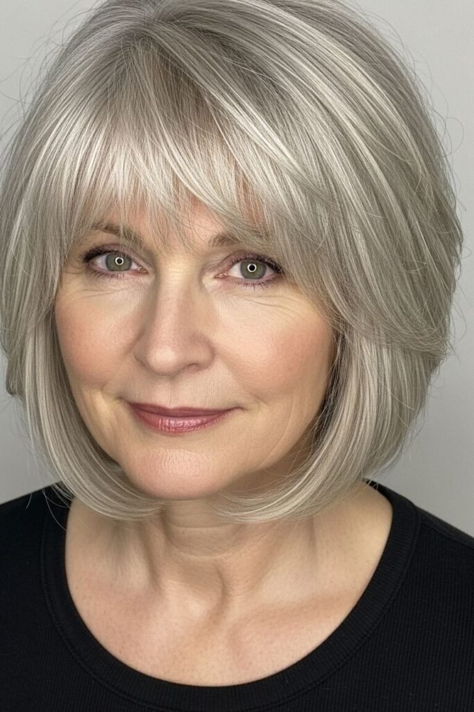 Classic Grey Bob with Feathered Bangs