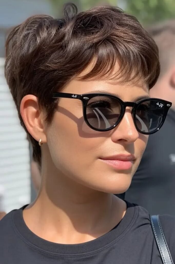 Classic Short Pixie Cut with Brow-Skimming Bangs and Black Sunglasses