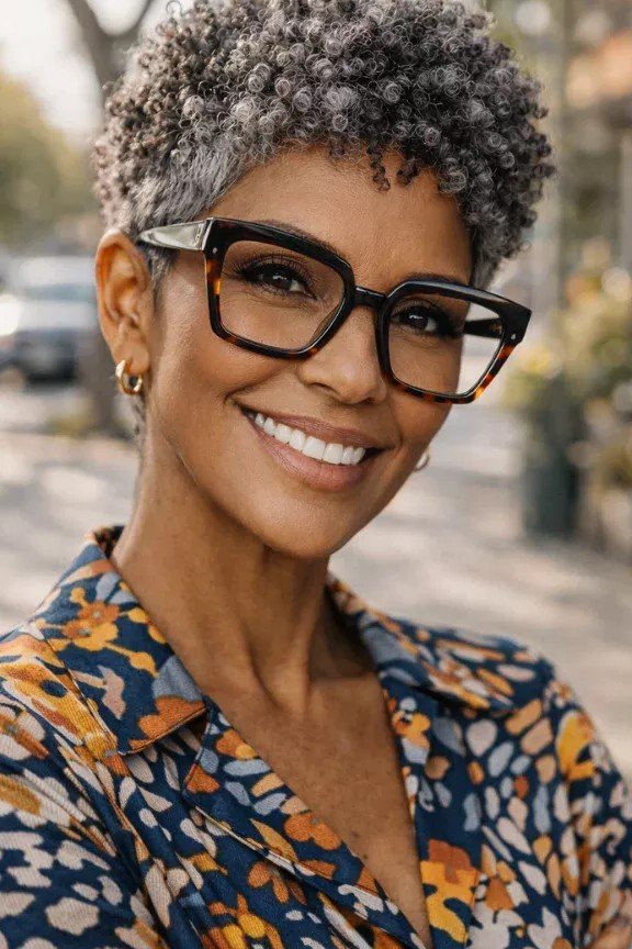 Cropped Pixie Cut with Defined Curls and Glasses