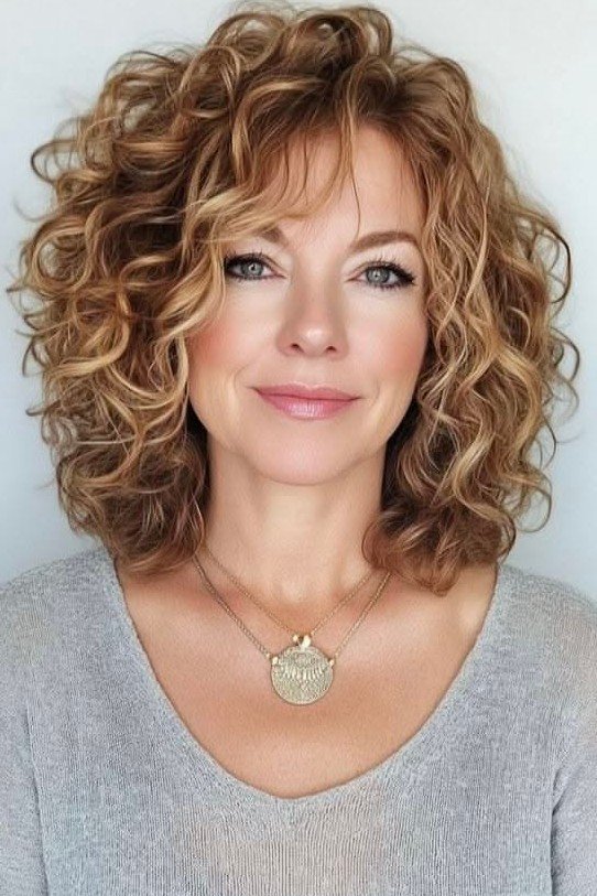 Curly Bob with Soft Highlights and Bangs