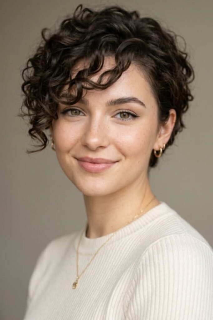 Curly Pixie with Side Swept Bangs