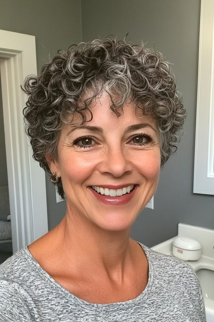 Curly Salt-and-Pepper Bob with Bangs