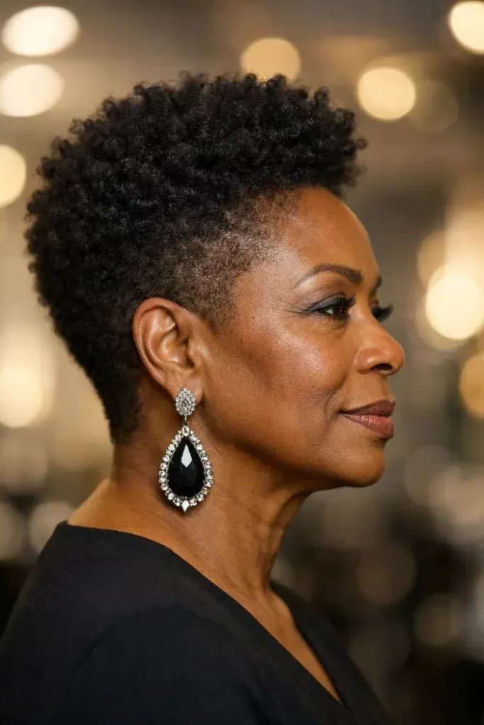 Curly Tapered Cut with Dramatic Drop Earrings