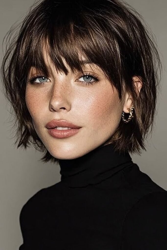 Dark Brown Bob with Texturized Curtain Bangs