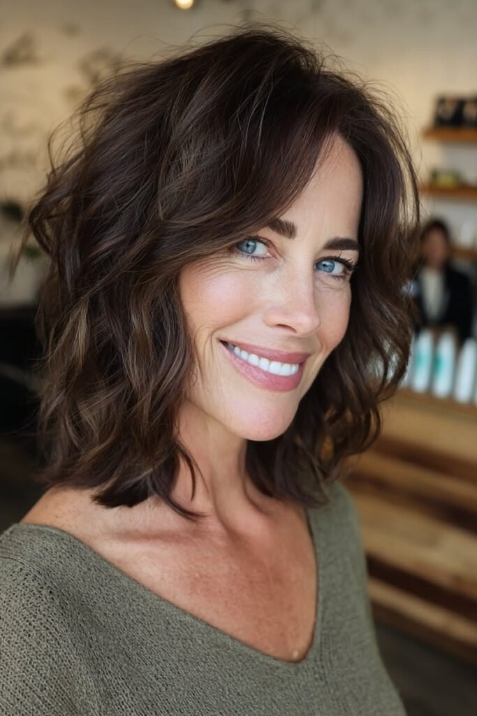 Dark Brown Wavy Bob with Center Parting