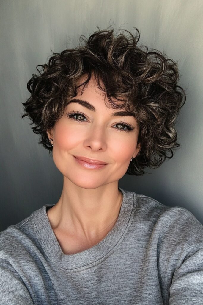 Dark Brunette Textured Bob with Highlighted Curls