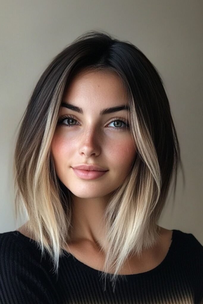 Dark Lob with High-Contrast Blonde Face-Framing