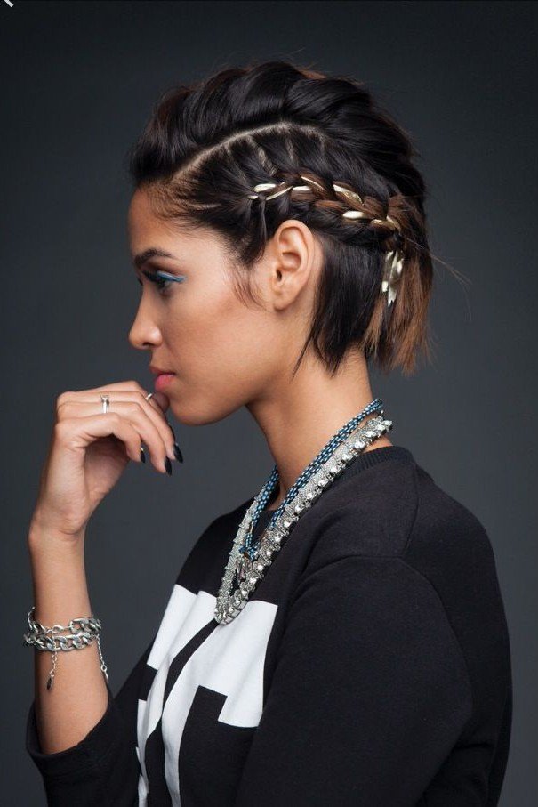 Dark Pixie Undercut with Side Braid and Metallic Accents