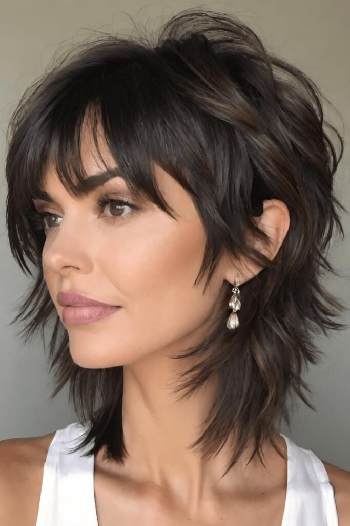 Dark Textured Shag with Side-Swept Layers