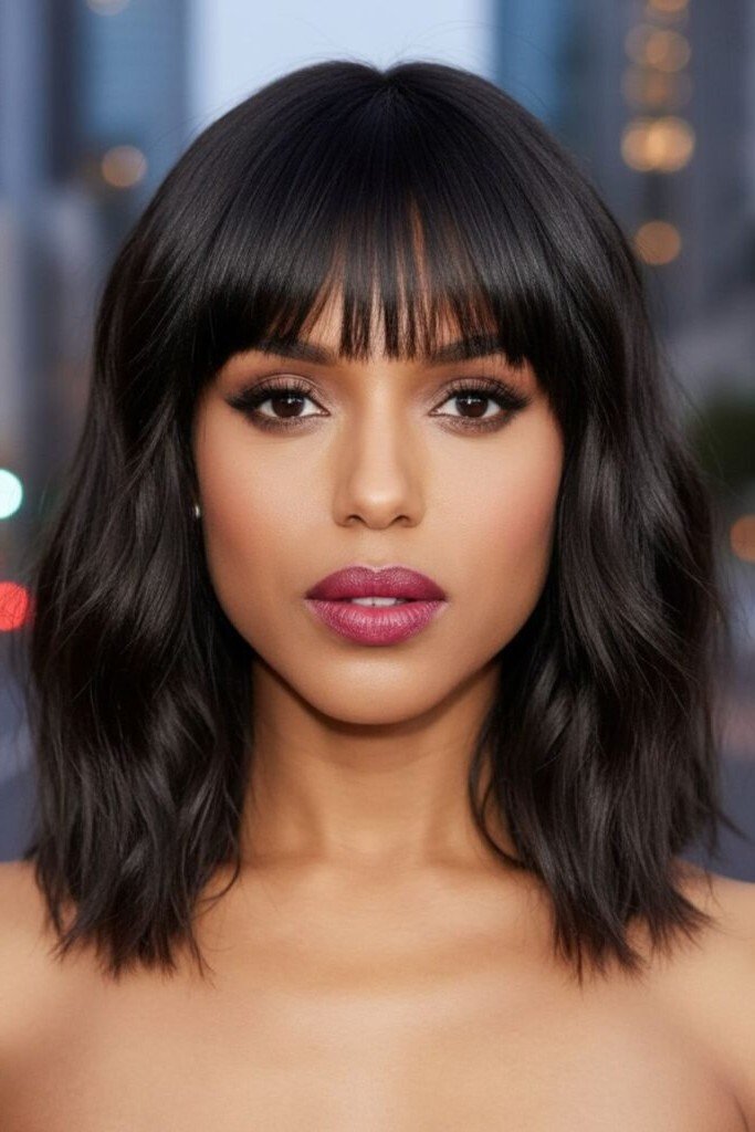Dark Textured Wavy Bob with Blunt Bangs