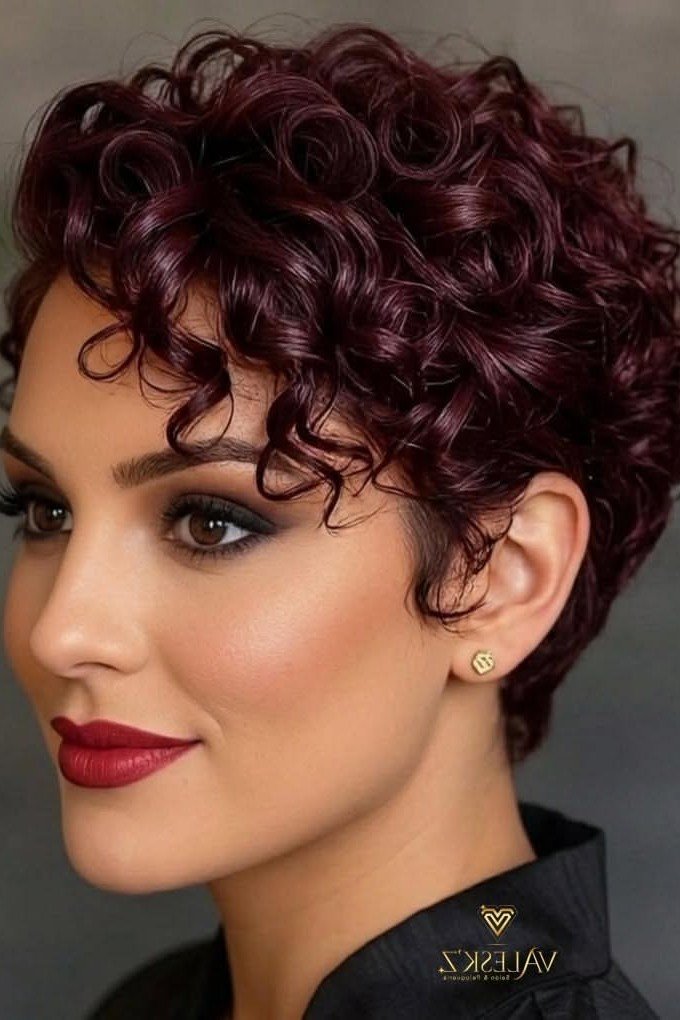 Deep Burgundy Curly Pixie Cut