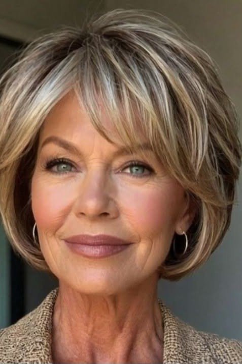 Dimensional Blonde Bob with Layered Feathered Bangs