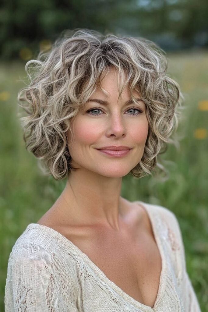 Dimensional Blonde Curly Bob with Soft Curtain Bangs