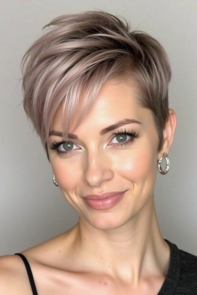 Dusty Rose Textured Pixie with Side Swept Fringe