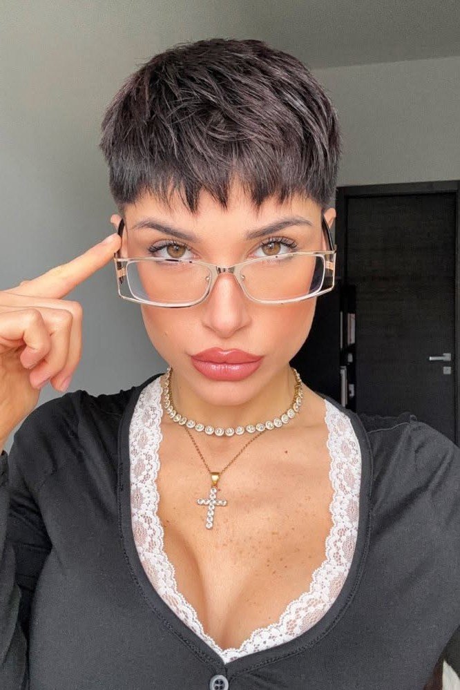 Edgy Cropped Pixie with Blunt Micro-Bangs and Rectangular Metallic Frames