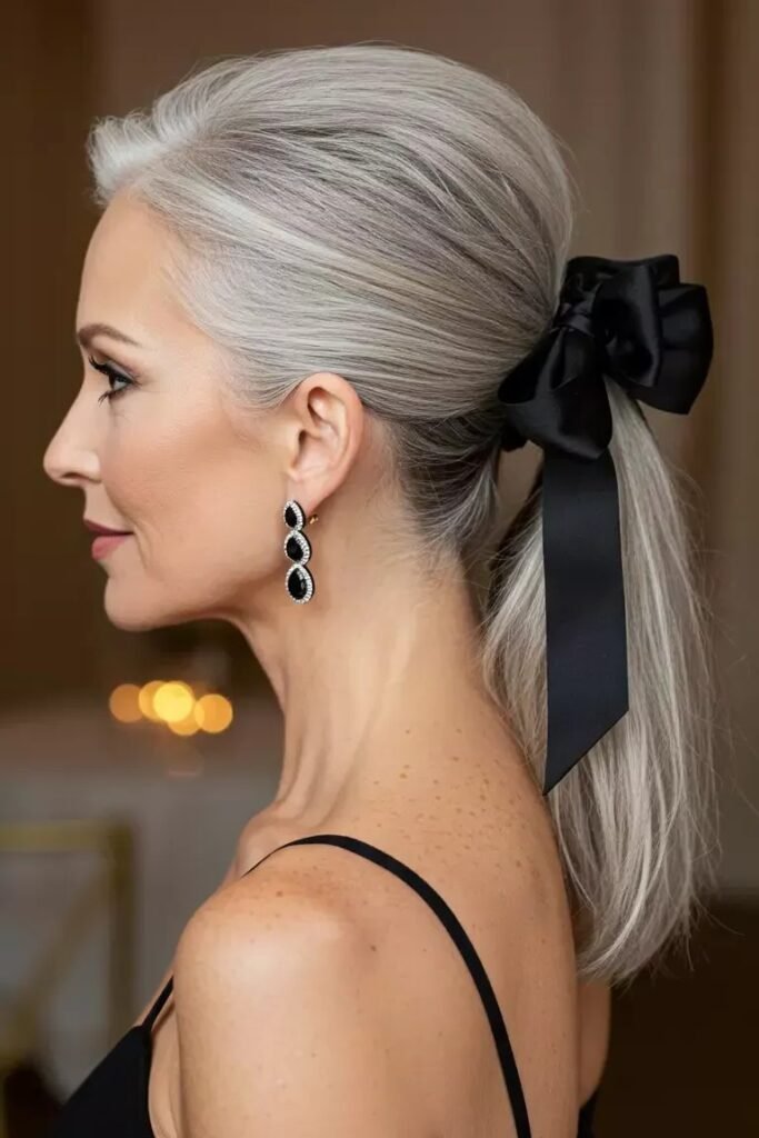 Elegant Silver Ponytail with Black Bow Accessory