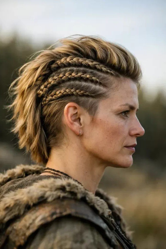 Faux Hawk with Multiple Side Braids and Shaved Sides