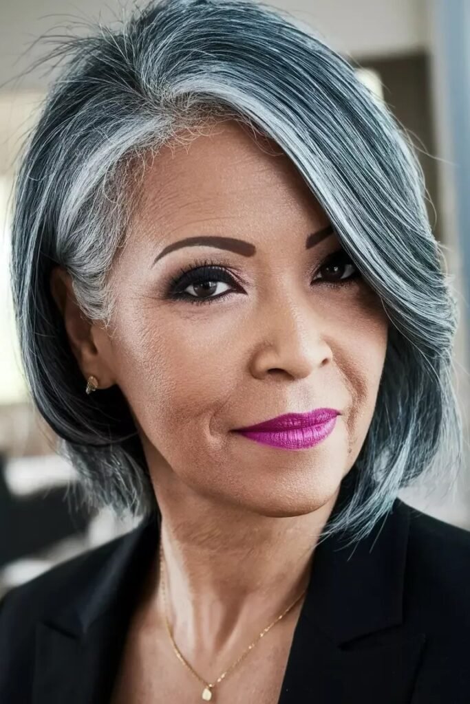 Feathered Grey Bob with Side-Swept Bangs