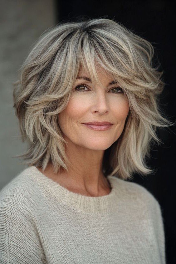 Feathered Layered Bob with Voluminous Curtain Bangs