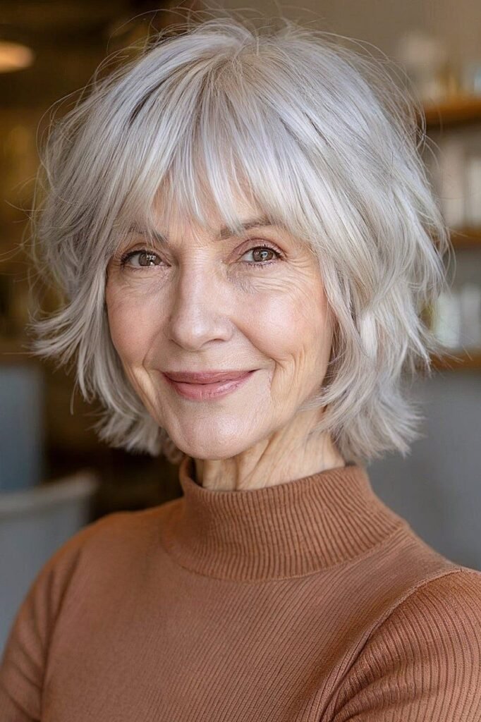 Feathered Silver Bob with Wispy Bangs