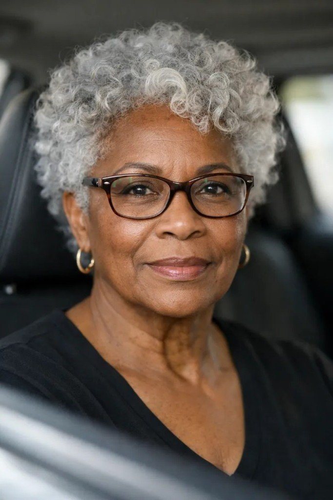 Gray Curly Pixie Cut with Glasses