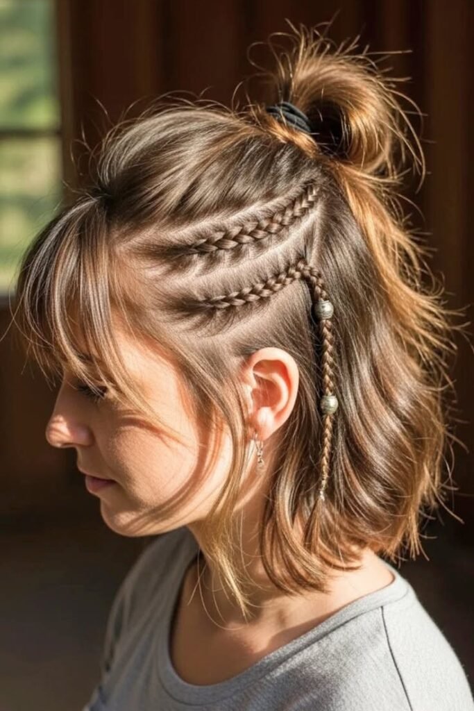 Half-Up Top Knot with Double Cornrows and Beaded Accent Braid