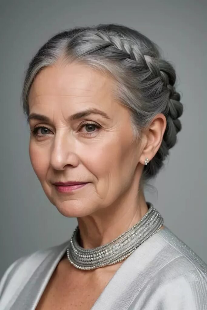 Halo Braid Updo with Silver Hair