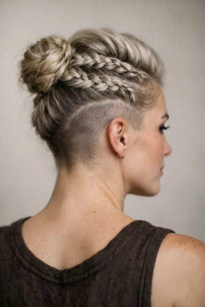 High Bun with Double Dutch Braids and Undercut