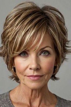 Highlighted Brown Layered Bob with Soft Bangs