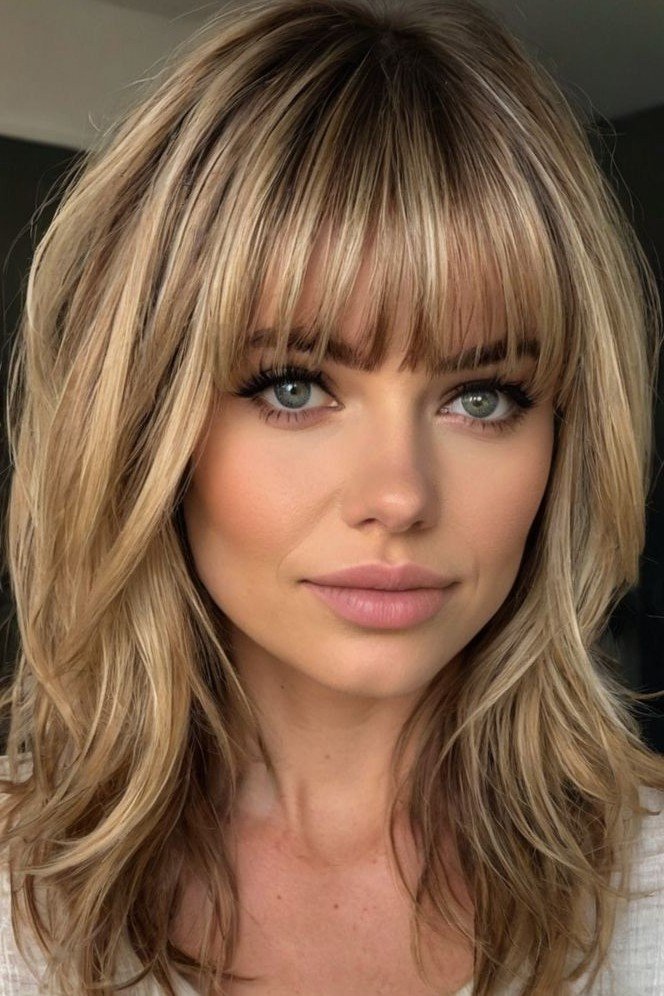 Honey Blonde Textured Layers with Wispy Bangs