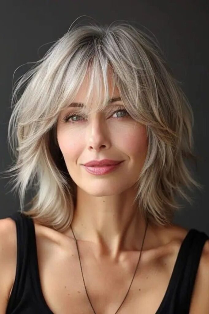 Layered Ash-Blonde Bob with Feathered Curtain Bangs