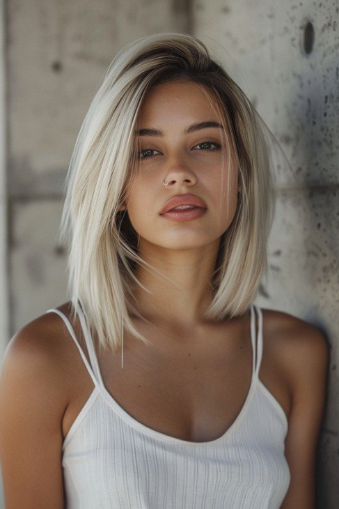 Layered Blonde lob with Wispy Ends